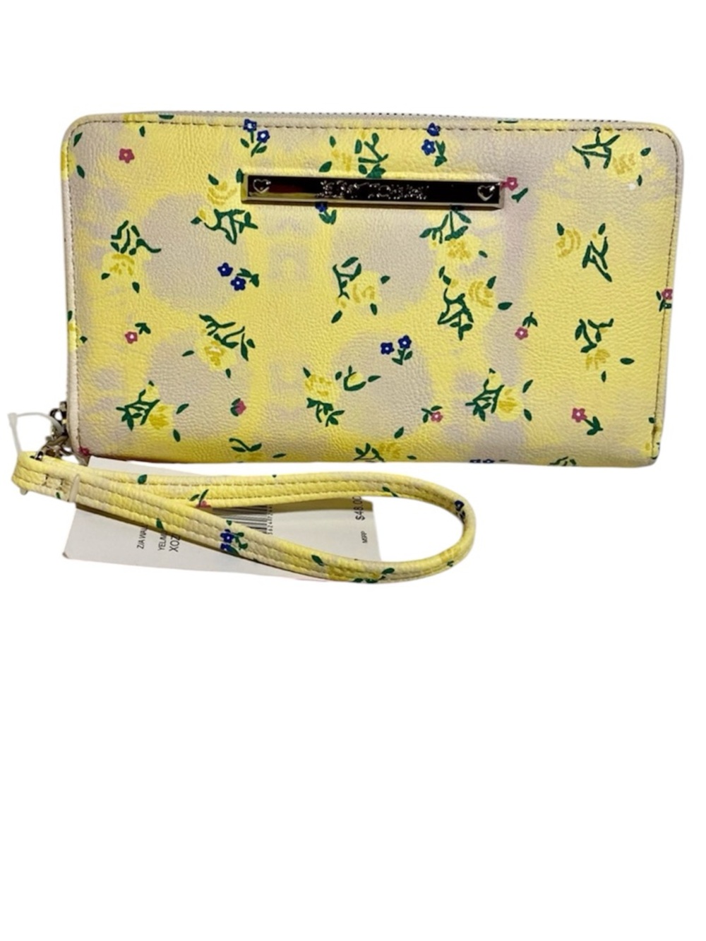 Betsey Johnson Zip Around Wallet Wristlet Yellow Floral Silver Tone Hardware